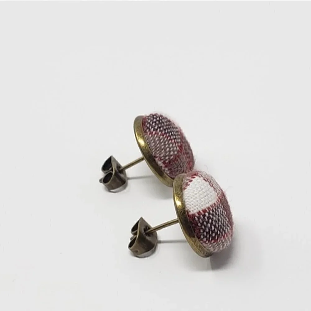 New Handmade Brown Plaid Upcycled Button Stud Earrings 0.5